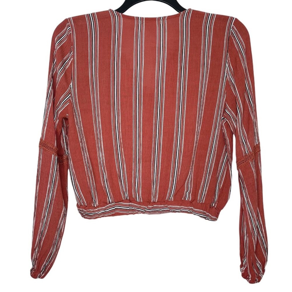 LA Gypsy Boho Peasant Blouse Size Medium Striped V-Neck Faux Wrap Long Sleeve - Picture 2 of 5